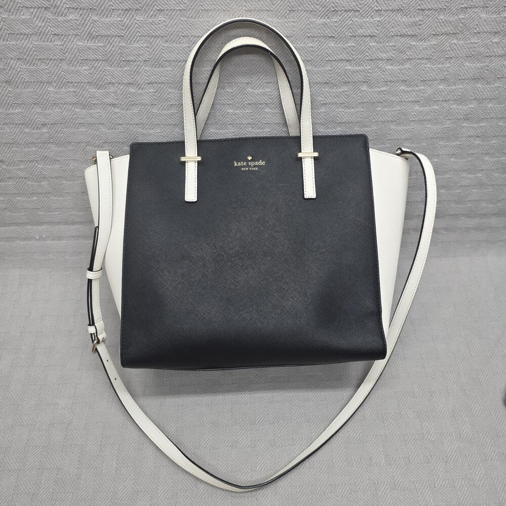 Kate Spade New York Satchel Bag Womens Medium Black White Leather Top Handle